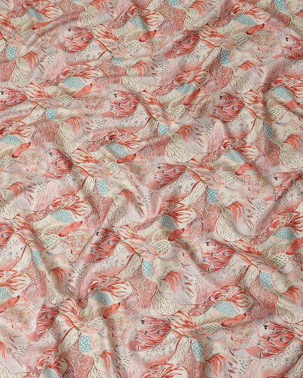 Coral Peach Bird Floral Printed Cotton Satin Fabric 110 Cms Width Smooth Soft Dress Material India-D28068