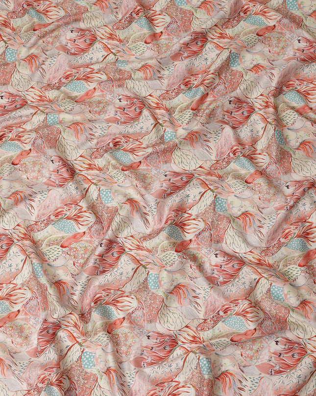 Coral Peach Bird Floral Printed Cotton Satin Fabric 110 Cms Width Smooth Soft Dress Material India-D28068