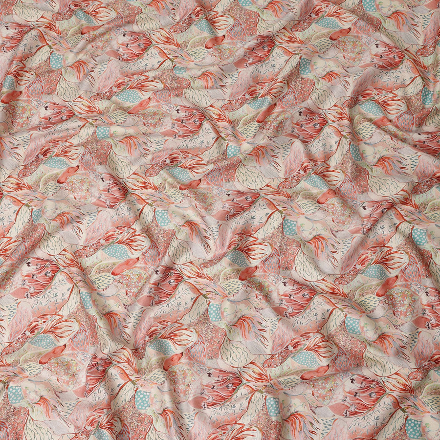 Coral Peach Bird Floral Printed Cotton Satin Fabric 110 Cms Width Smooth Soft Dress Material India-D28068