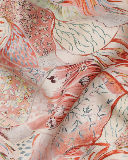 Coral Peach Bird Floral Printed Cotton Satin Fabric 110 Cms Width Smooth Soft Dress Material India-D28068