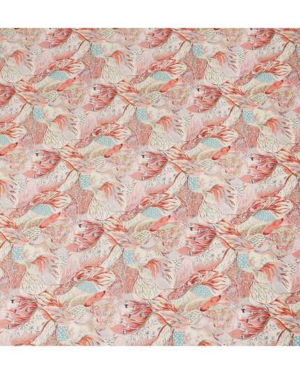 Coral Peach Bird Floral Printed Cotton Satin Fabric 110 Cms Width Smooth Soft Dress Material India-D28068