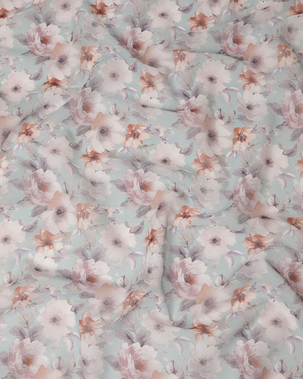 Mint Green Pastel Floral Blossom Printed Cotton Voile Fabric 150 Cms Width Lightweight Soft Dressmaking Craft Material India-D28052