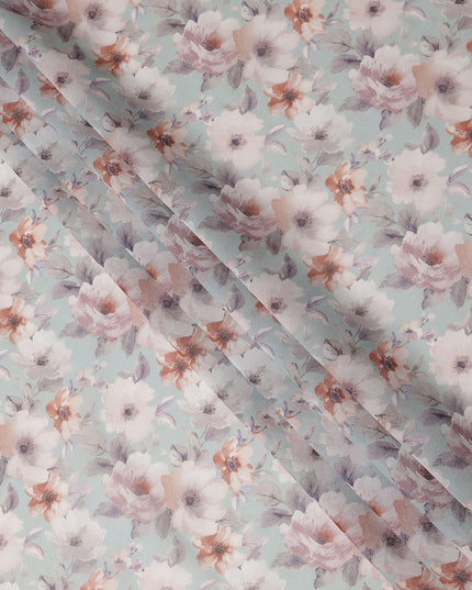 Mint Green Pastel Floral Blossom Printed Cotton Voile Fabric 150 Cms Width Lightweight Soft Dressmaking Craft Material India-D28052