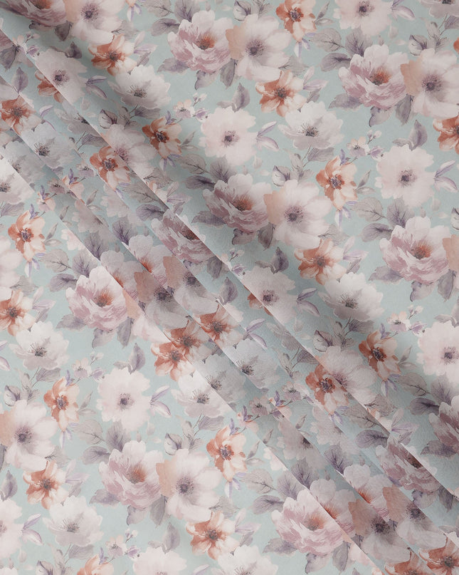 Mint Green Pastel Floral Blossom Printed Cotton Voile Fabric 150 Cms Width Lightweight Soft Dressmaking Craft Material India-D28052