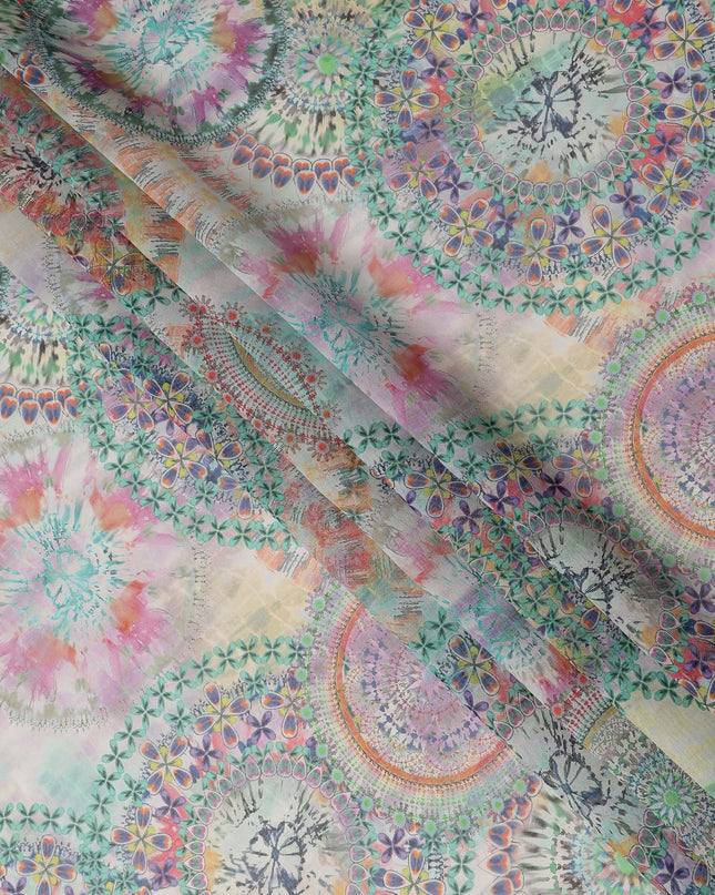 Multicolor Pastel Mandala Floral Circular Printed Cotton Voile Fabric 150 Cms Width Lightweight Soft Dressmaking Craft Material India-D28039