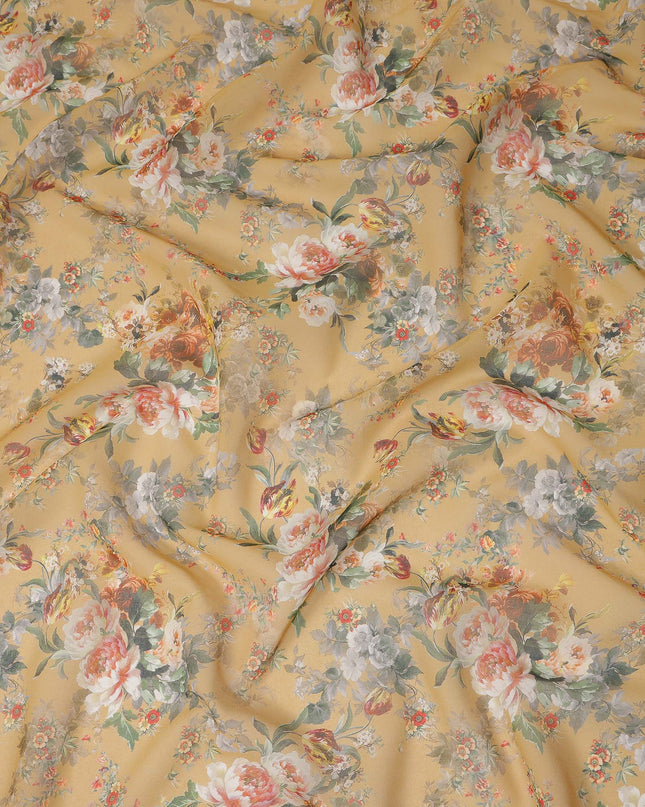 Mustard Yellow Vintage Floral Rose Printed Cotton Voile Fabric 150 Cms Width Lightweight Soft Dressmaking Craft Material India-D28041
