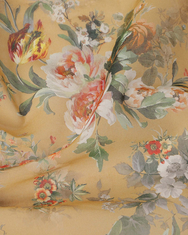 Mustard Yellow Vintage Floral Rose Printed Cotton Voile Fabric 150 Cms Width Lightweight Soft Dressmaking Craft Material India-D28041
