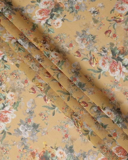 Mustard Yellow Vintage Floral Rose Printed Cotton Voile Fabric 150 Cms Width Lightweight Soft Dressmaking Craft Material India-D28041
