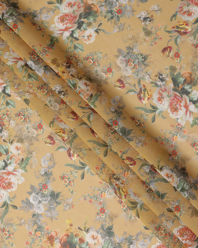 Mustard Yellow Vintage Floral Rose Printed Cotton Voile Fabric 150 Cms Width Lightweight Soft Dressmaking Craft Material India-D28041