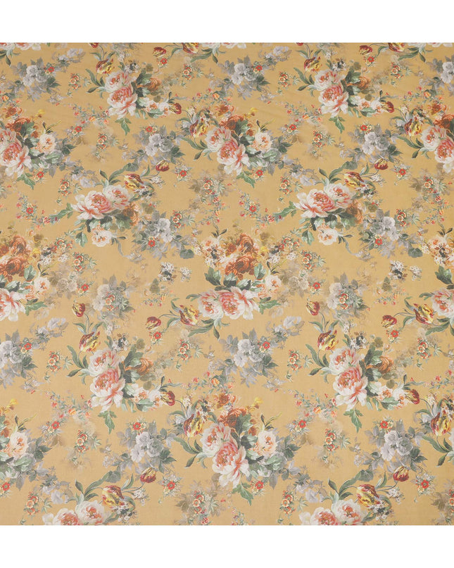 Mustard Yellow Vintage Floral Rose Printed Cotton Voile Fabric 150 Cms Width Lightweight Soft Dressmaking Craft Material India-D28041