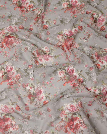 Grey Vintage Floral Rose Bouquet Printed Cotton Voile Fabric 150 Cms Width Lightweight Soft Dressmaking Craft Material India-D28043