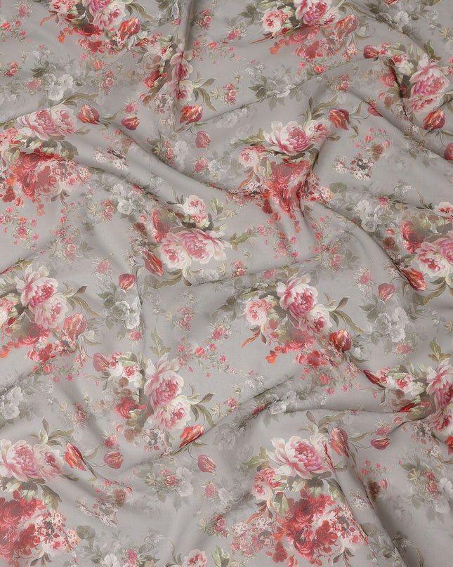 Grey Vintage Floral Rose Bouquet Printed Cotton Voile Fabric 150 Cms Width Lightweight Soft Dressmaking Craft Material India-D28043