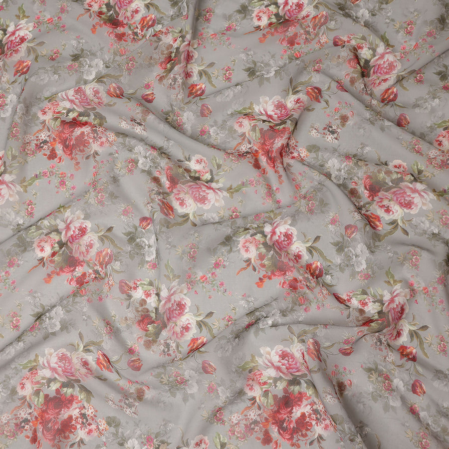 Grey Vintage Floral Rose Bouquet Printed Cotton Voile Fabric 150 Cms Width Lightweight Soft Dressmaking Craft Material India-D28043
