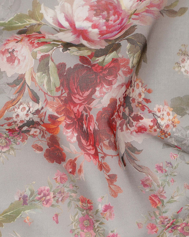 Grey Vintage Floral Rose Bouquet Printed Cotton Voile Fabric 150 Cms Width Lightweight Soft Dressmaking Craft Material India-D28043