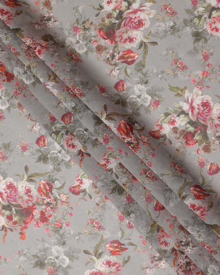 Grey Vintage Floral Rose Bouquet Printed Cotton Voile Fabric 150 Cms Width Lightweight Soft Dressmaking Craft Material India-D28043