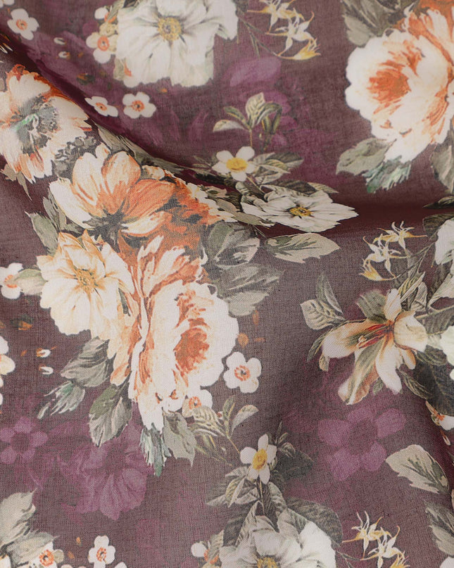 Wine Purple Vintage Floral Blossom Printed Cotton Voile Fabric 150 Cms Width Lightweight Soft Dressmaking Craft Material India-D28048