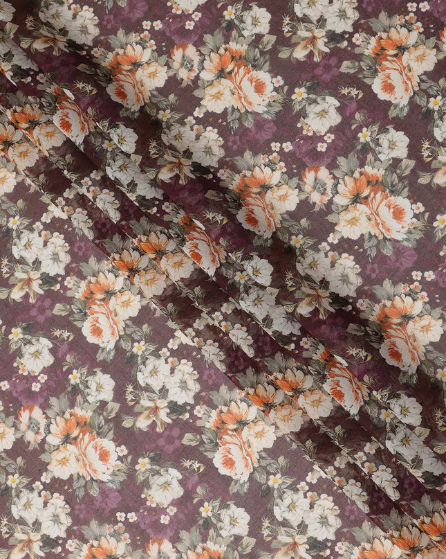 Wine Purple Vintage Floral Blossom Printed Cotton Voile Fabric 150 Cms Width Lightweight Soft Dressmaking Craft Material India-D28048