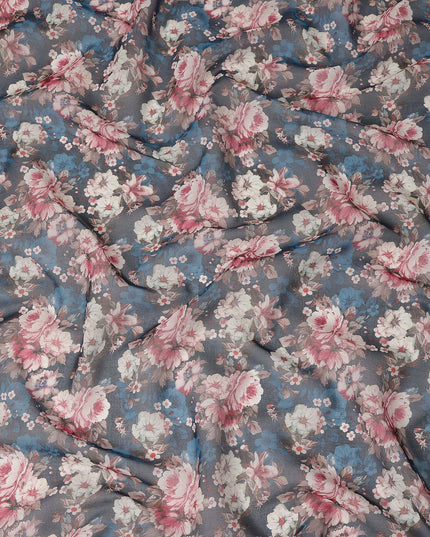 Slate Blue Vintage Floral Blossom Printed Cotton Voile Fabric 150 Cms Width Lightweight Soft Dressmaking Craft Material India-D28049