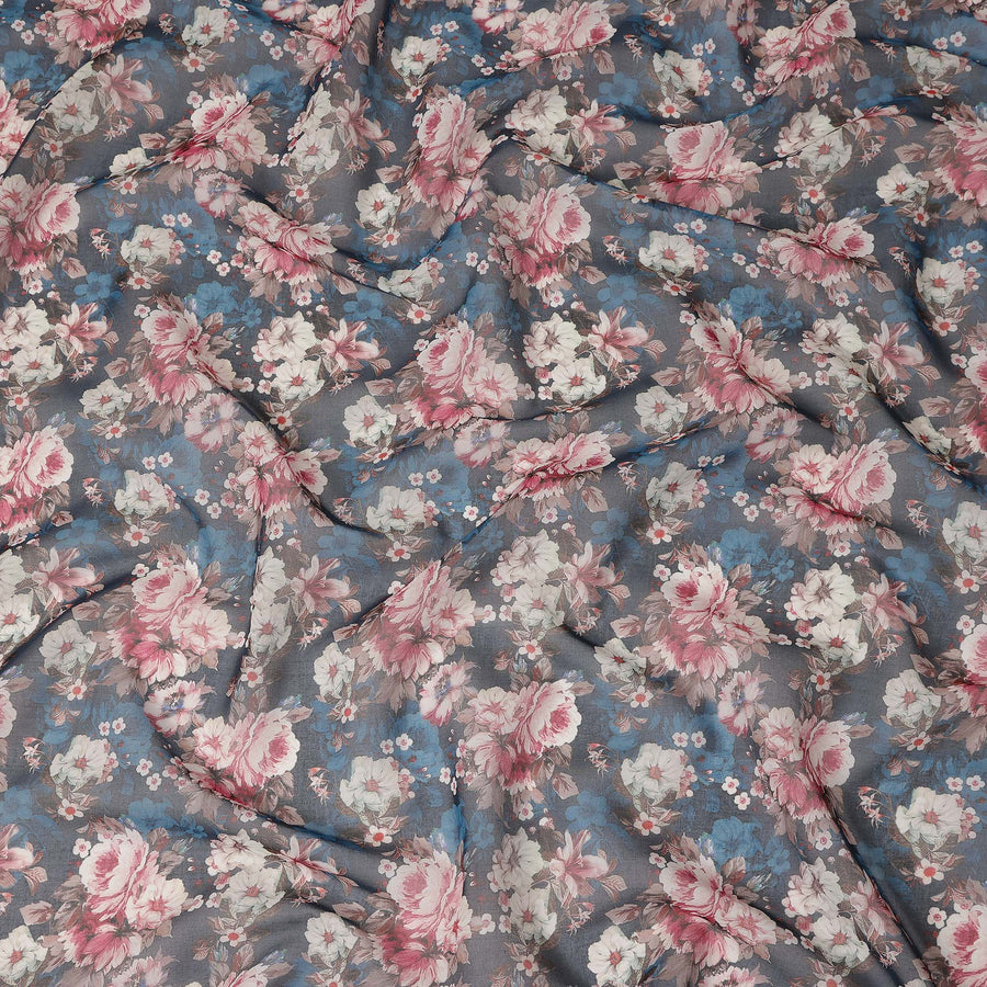 Slate Blue Vintage Floral Blossom Printed Cotton Voile Fabric 150 Cms Width Lightweight Soft Dressmaking Craft Material India-D28049