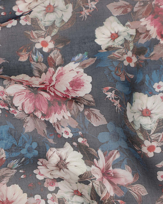 Slate Blue Vintage Floral Blossom Printed Cotton Voile Fabric 150 Cms Width Lightweight Soft Dressmaking Craft Material India-D28049