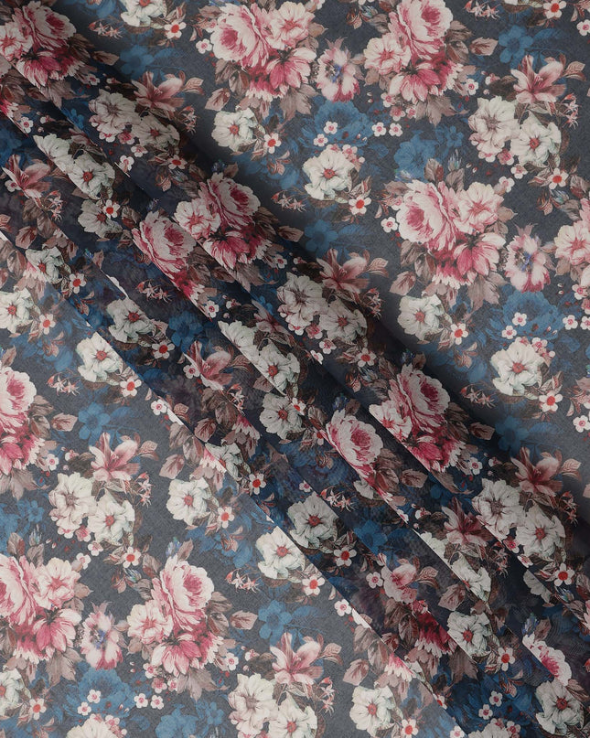 Slate Blue Vintage Floral Blossom Printed Cotton Voile Fabric 150 Cms Width Lightweight Soft Dressmaking Craft Material India-D28049