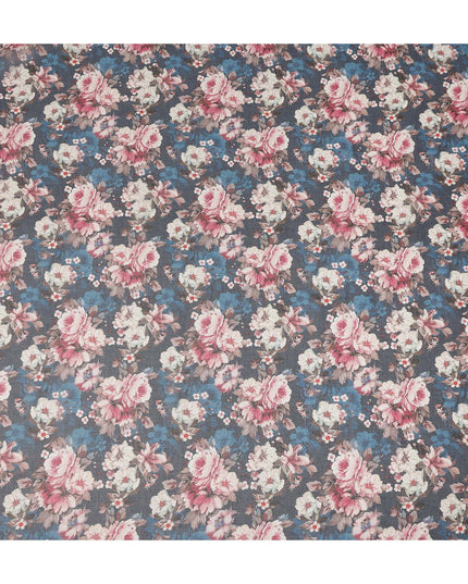 Slate Blue Vintage Floral Blossom Printed Cotton Voile Fabric 150 Cms Width Lightweight Soft Dressmaking Craft Material India-D28049