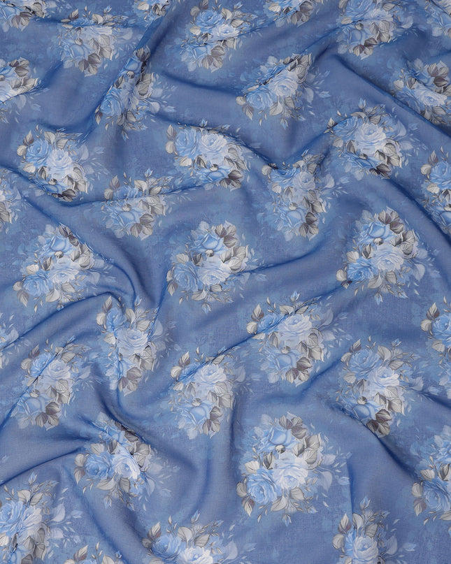 Blue Vintage Floral Rose Bouquet Printed Cotton Voile Fabric 150 Cms Width Lightweight Soft Dressmaking Craft Material India-D28045