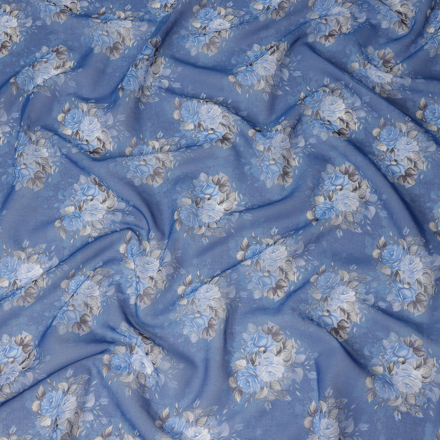 Blue Vintage Floral Rose Bouquet Printed Cotton Voile Fabric 150 Cms Width Lightweight Soft Dressmaking Craft Material India-D28045