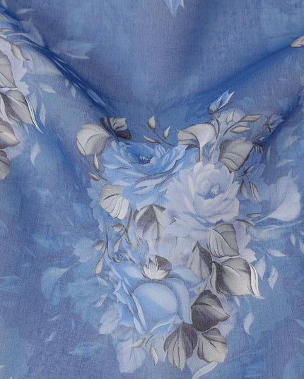 Blue Vintage Floral Rose Bouquet Printed Cotton Voile Fabric 150 Cms Width Lightweight Soft Dressmaking Craft Material India-D28045