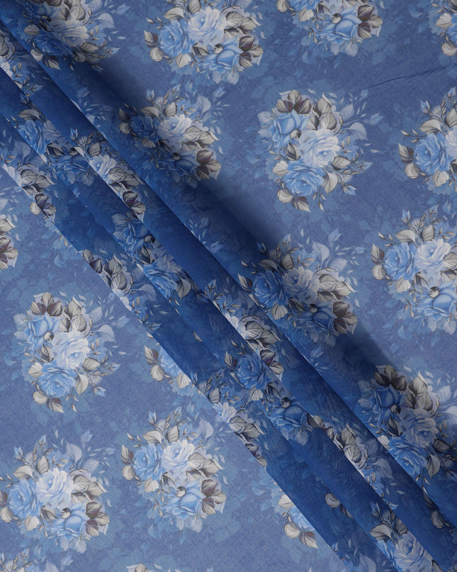Blue Vintage Floral Rose Bouquet Printed Cotton Voile Fabric 150 Cms Width Lightweight Soft Dressmaking Craft Material India-D28045