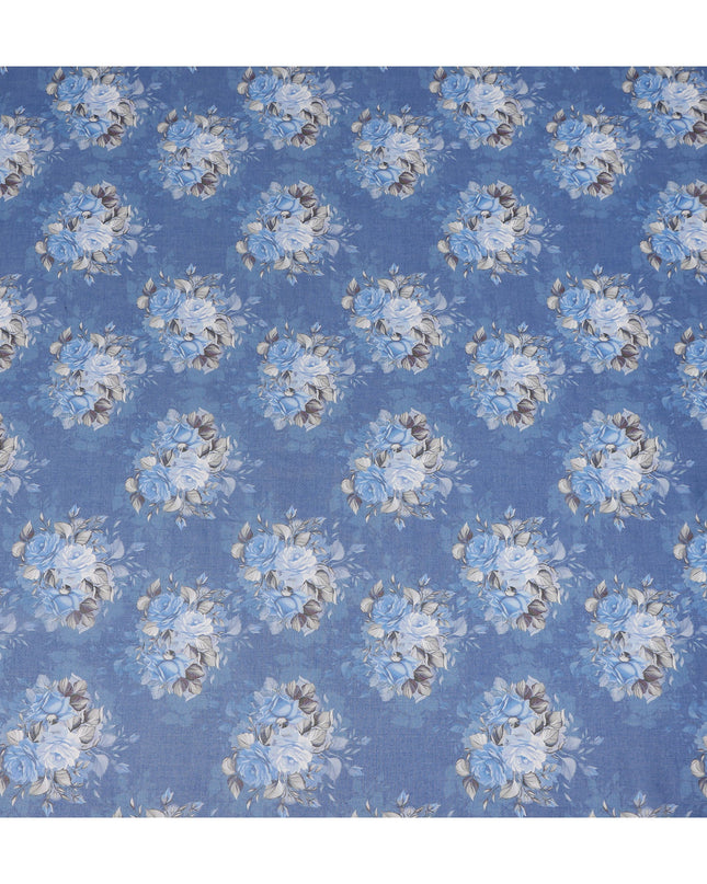 Blue Vintage Floral Rose Bouquet Printed Cotton Voile Fabric 150 Cms Width Lightweight Soft Dressmaking Craft Material India-D28045
