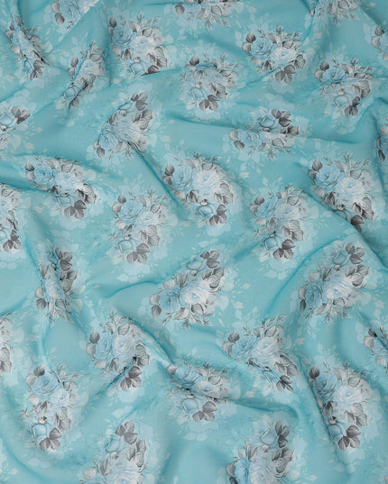 Aqua Blue Vintage Floral Rose Bouquet Printed Cotton Voile Fabric 150 Cms Width Lightweight Soft Dressmaking Craft Material India-D28046