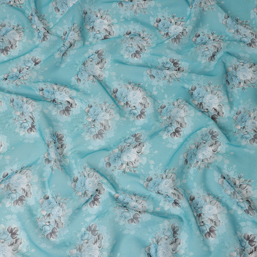 Aqua Blue Vintage Floral Rose Bouquet Printed Cotton Voile Fabric 150 Cms Width Lightweight Soft Dressmaking Craft Material India-D28046