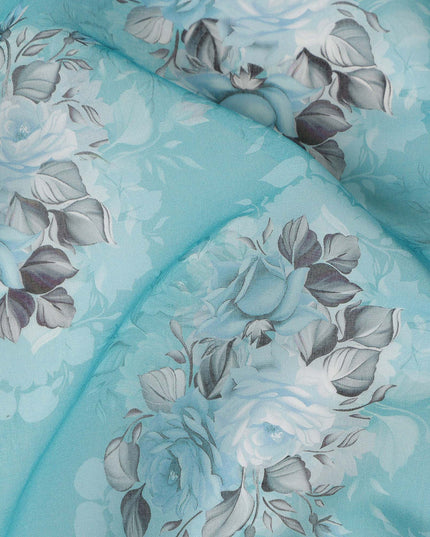 Aqua Blue Vintage Floral Rose Bouquet Printed Cotton Voile Fabric 150 Cms Width Lightweight Soft Dressmaking Craft Material India-D28046