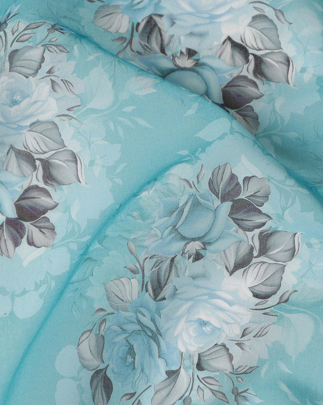 Aqua Blue Vintage Floral Rose Bouquet Printed Cotton Voile Fabric 150 Cms Width Lightweight Soft Dressmaking Craft Material India-D28046
