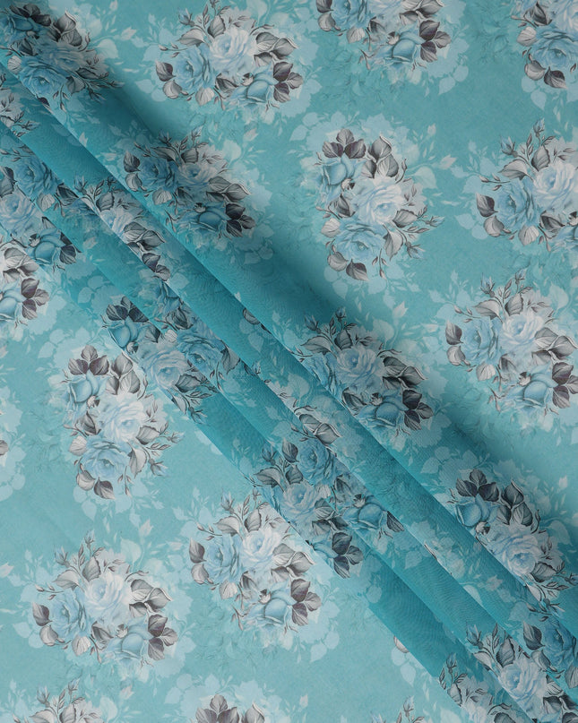 Aqua Blue Vintage Floral Rose Bouquet Printed Cotton Voile Fabric 150 Cms Width Lightweight Soft Dressmaking Craft Material India-D28046