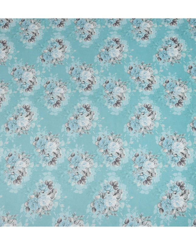 Aqua Blue Vintage Floral Rose Bouquet Printed Cotton Voile Fabric 150 Cms Width Lightweight Soft Dressmaking Craft Material India-D28046