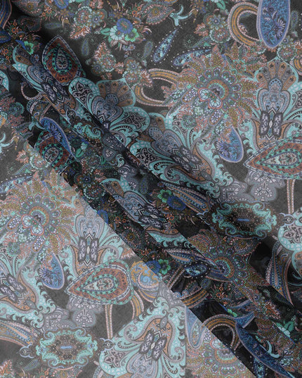 Dark Grey Multicolor Paisley Floral Printed Cotton Voile Fabric Soft Lightweight Breathable Dressmaking Craft Fabric 150 Cms Width Indian Origin-D28630 Regal Fabrics