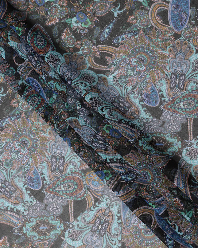 Dark Grey Multicolor Paisley Floral Printed Cotton Voile Fabric Soft Lightweight Breathable Dressmaking Craft Fabric 150 Cms Width Indian Origin-D28630 Regal Fabrics