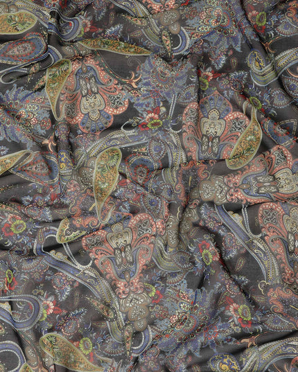 Dark Charcoal Multicolor Paisley Floral Printed Cotton Voile Fabric Soft Lightweight Breathable Dressmaking Craft Fabric 150 Cms Width Indian Origin-D28631 Regal Fabrics