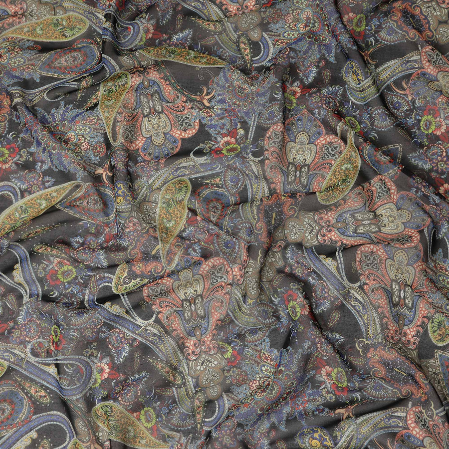 Dark Charcoal Multicolor Paisley Floral Printed Cotton Voile Fabric Soft Lightweight Breathable Dressmaking Craft Fabric 150 Cms Width Indian Origin-D28631 Regal Fabrics