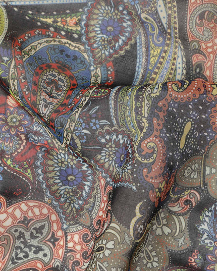 Dark Charcoal Multicolor Paisley Floral Printed Cotton Voile Fabric Soft Lightweight Breathable Dressmaking Craft Fabric 150 Cms Width Indian Origin-D28631 Regal Fabrics