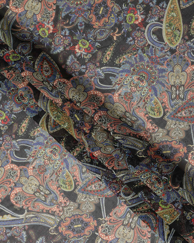 Dark Charcoal Multicolor Paisley Floral Printed Cotton Voile Fabric Soft Lightweight Breathable Dressmaking Craft Fabric 150 Cms Width Indian Origin-D28631 Regal Fabrics