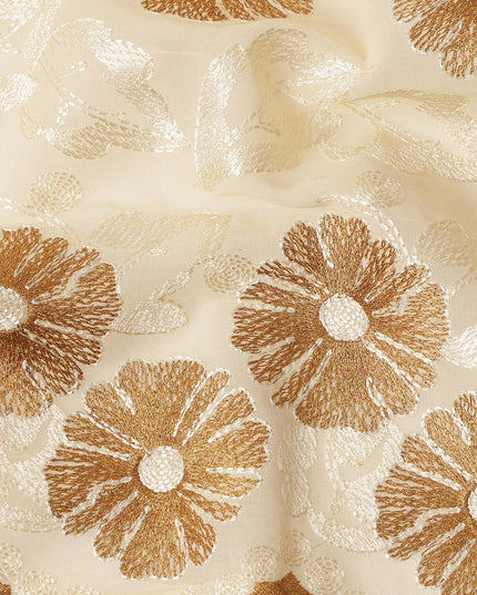 Cream Beige Traditional Sudanese Thobe Pure Cotton Voile Fabric with Floral Embroidery 4.5 Mtrs Length 140 Cms Width Lightweight Breathable Soft Draping Fabric for Elegant Cultural Wear-D28360