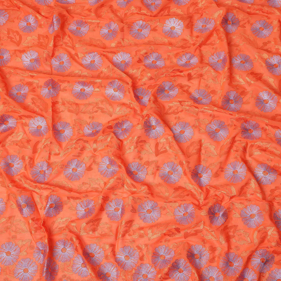 Coral Orange Traditional Sudanese Thobe Pure Cotton Voile Fabric with Floral Embroidery 4.5 Mtrs Length 140 Cms Width Lightweight Breathable Soft Draping Fabric for Elegant Cultural Wear-D28362