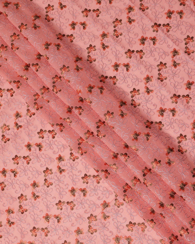 Peach Pink Traditional Sudanese Thobe Pure Cotton Voile Fabric with Floral Embroidery 4.5 Mtrs Length 140 Cms Width Lightweight Breathable Soft Draping Fabric for Elegant Cultural Wear-D28357