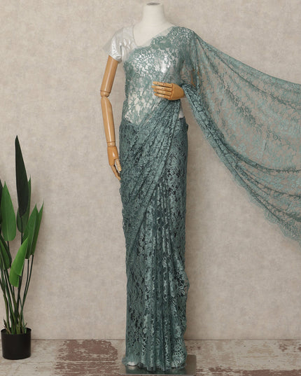 Dusty Teal French Chantilly Saree Lace Elegant Floral Net Design 5.5 Mtrs Length 110 Cms Width Premium Soft Sheer Fabric France Origin-D28928 Regal Fabrics
