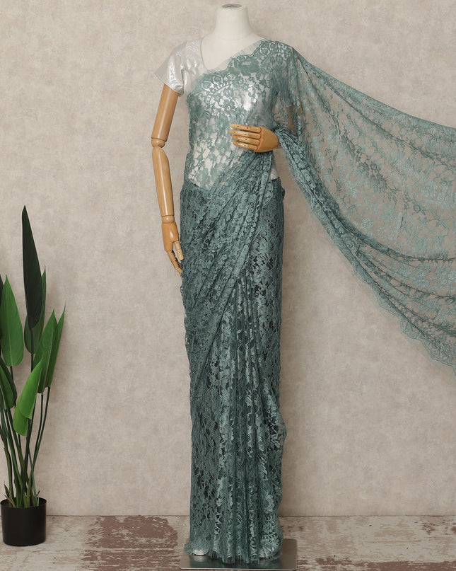 Dusty Teal French Chantilly Saree Lace Elegant Floral Net Design 5.5 Mtrs Length 110 Cms Width Premium Soft Sheer Fabric France Origin-D28928 Regal Fabrics