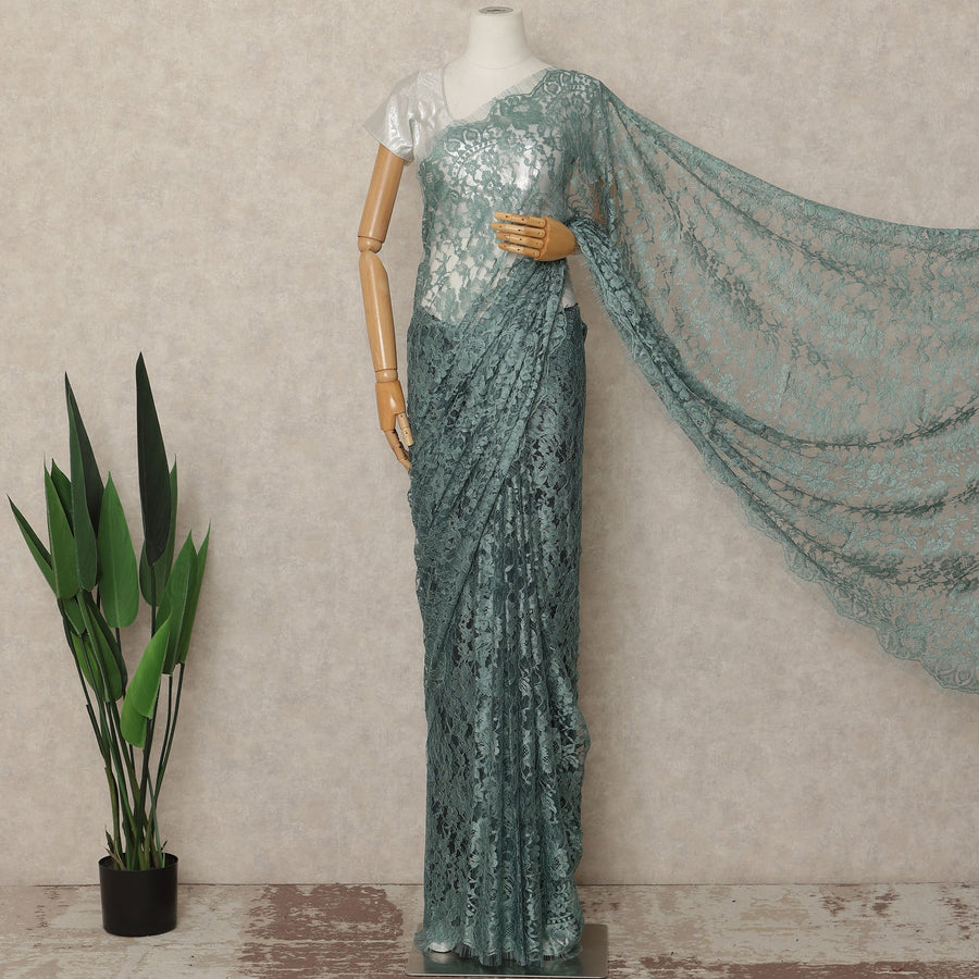 Dusty Teal French Chantilly Saree Lace Elegant Floral Net Design 5.5 Mtrs Length 110 Cms Width Premium Soft Sheer Fabric France Origin-D28928 Regal Fabrics