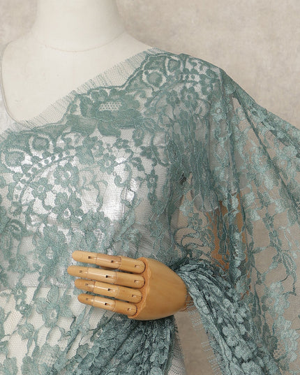 Dusty Teal French Chantilly Saree Lace Elegant Floral Net Design 5.5 Mtrs Length 110 Cms Width Premium Soft Sheer Fabric France Origin-D28928 Regal Fabrics